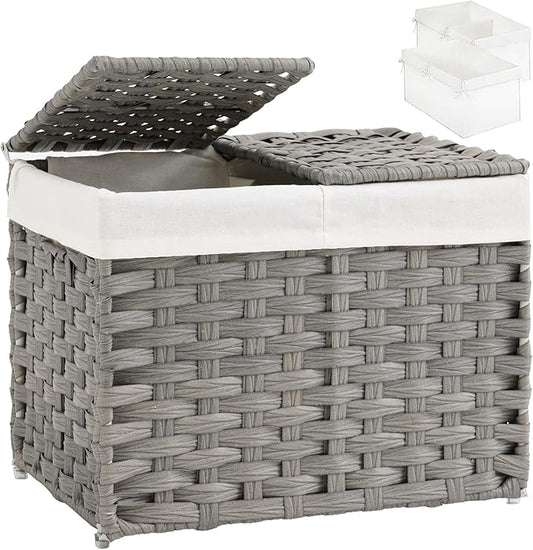 Storage Basket with Lid Woven Wicker Baskets with 2 Separate Lid, 9.2 Gallon (35 L) Wicker Storage Bins with Handles, Foldable and 2 Removable Liner Bags for Bedroom, Laundry Room Gray