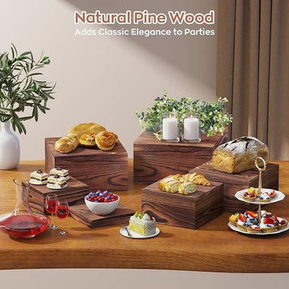 6 PCS Wooden Buffet Risers, Wood Display Risers for Food, Wooden Square Risers Display Stands, Food Risers for Buffet Table (10", 9" , 8", 7", 6", 5") with 67" Faux Greenery Vine