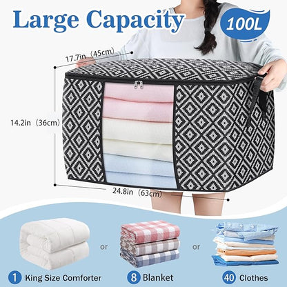 StorageTastic Direct 100L, 4 Pack, Storage Containers, Large Clothes Storage Bins Foldable Organization and Storage Bags with Reinforced Handle, Clear Window for Bedding, Blankets, Clothing, Black