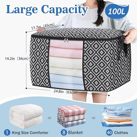 StorageTastic Direct 100L, 4 Pack, Storage Containers, Large Clothes Storage Bins Foldable Organization and Storage Bags with Reinforced Handle, Clear Window for Bedding, Blankets, Clothing, Black