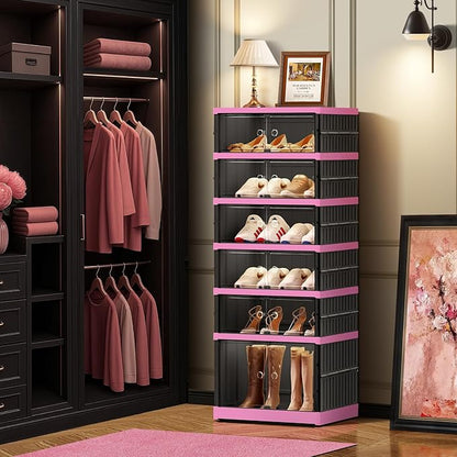 CIMLORD 6-Tier Foldable Shoe Rack Organizer for Closet,12 Pairs Collapsible Plastic Shoe Shelf,Clear Stackable Shoe Storage Boxes with Door Easy Assembly,Shoe Cabinet with Lids Large（Black-pink）