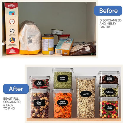 Airtight Food Storage Container Set - 24 Piece, Kitchen & Pantry Organization, BPA-Free, Plastic Canisters with Durable Lids Ideal for Cereal, Flour & Sugar - Labels, Marker & Spoon Set