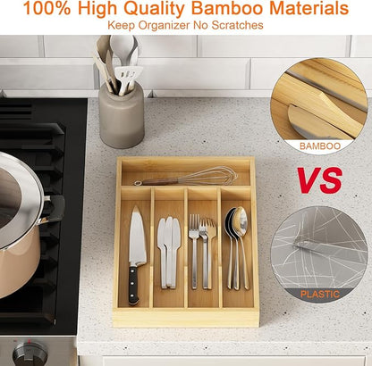 Bamboo Utensil Organizer for Kitchen Drawers, Utensil Tray and Cutlery Silverware Holder,Wood Drawer Dividers with 5 Slots，2 pack