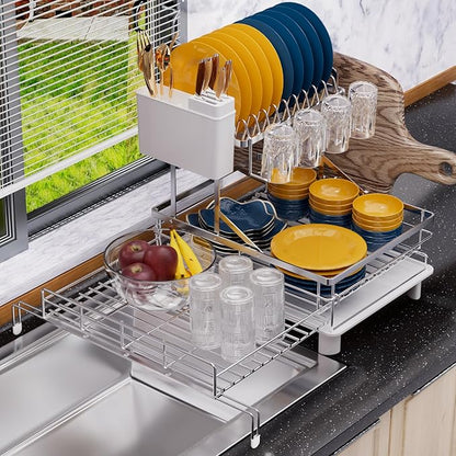 YEYPOP 2 Tier Expandable Dish Drying Rack, Stainless Steel Dish Rack w Drainboard, Large Dish Drainer for Kitchen Counter, w Cup Holder and Cutting Board Rack