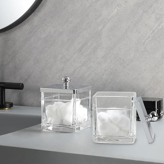 Indecor Home Glass Cotton Jar Holder 2 Pack– Silver/Chrome Lid, Elegant Bathroom Storage Canister for Qtips, Cotton Balls, Floss, Makeup Organizer, Vanity & Bathroom Organization