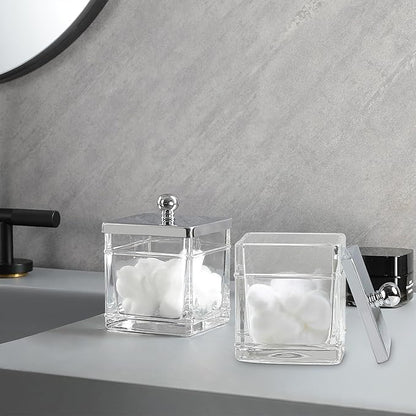 Indecor Home Glass Cotton Jar Holder 2 Pack– Silver/Chrome Lid, Elegant Bathroom Storage Canister for Qtips, Cotton Balls, Floss, Makeup Organizer, Vanity & Bathroom Organization