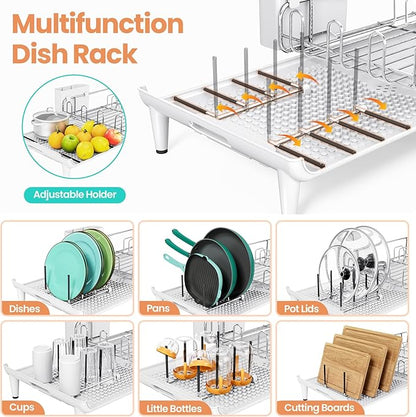 TOOLF Dish Drying Rack - Large Expandable Dish Rack for Kitchen Counter, Stainless Steel Dish Drainer for Kitchen Organization with Cutlery ＆ Cup Holder,White