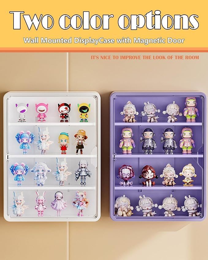 HGYZE Clear Display Case for Figures, 15.75" High, Wall Mounted Shelf with Magnetic Door, Hanging Display Case for Collectibles Action Doll Blindboxes Storage (White, 4-Layer 1 Pack)