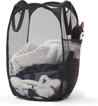 TECHMILLY Upgraded 105L Collapsible Mesh Pop Up Laundry Hamper with Sturdy Handles and Side Pocket - Portable Foldable Clothes Baskets for Dorm, Bathroom & Travel Storage (Black Plus)