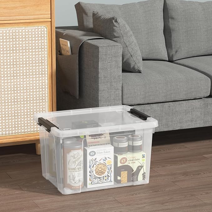 Tyminin 6-Pack Storage Box, 22 Quart Stackable Plastic Bins with Snap-On Lids, Clear