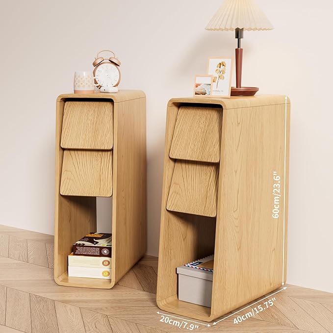 Narrow Nightstand Set of 2, Small Bedside Table, Slim Wooden Night Stand, Mid Century Modern Boho Bed Side Table, Wood Skinny Nightstand with Slanted 2 Drawers, Bedroom, Thin, Oak