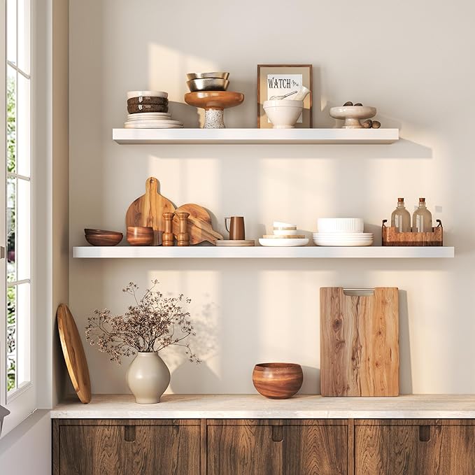 Fun Memories 48 Inch Floating Shelves for Wall, Deep Rustic Solid Pine Wood Shelf - Farmhouse Wall Mounted Display Shelf with Heavy-Duty Metal Bracket, 48" W x 8" D, Set of 1, White
