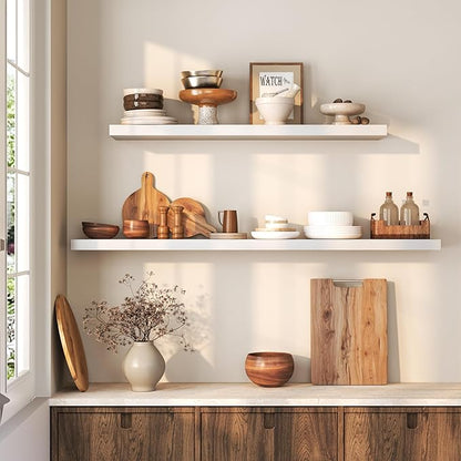 Fun Memories 48 Inch Floating Shelves for Wall, Deep Rustic Solid Pine Wood Shelf - Farmhouse Wall Mounted Display Shelf with Heavy-Duty Metal Bracket, 48" W x 8" D, Set of 1, White