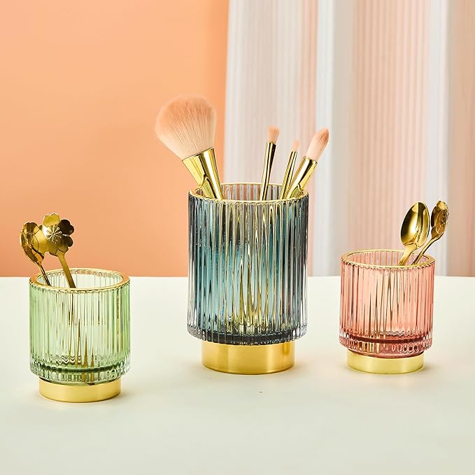 LEICURACE Makeup Brush Organizer, Toothbrush Holder, Desk Pen Pencil Holder, Multifunctional Vintage Glass Brush Cup (S/Green/A3-11-US)