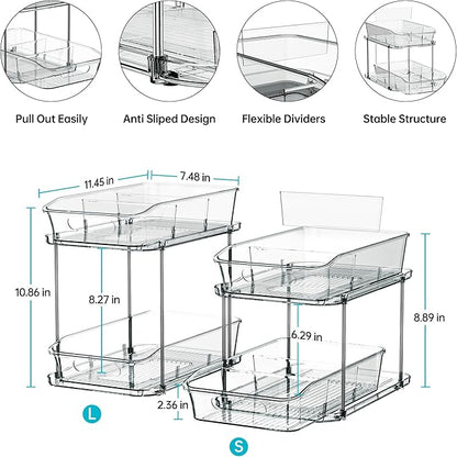 Delamu 2-Tier Under Sink Organizers and Storage, Multi-Purpose Stackable Bathroom Cabinet Organizers, Pull Out Kitchen Pantry Organization and Storage with Dividers(2 Pack, Grey)