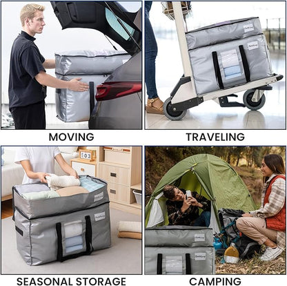 TAILI 2 Tier Extra Large Moving Bags, 2 Pack Silver Heavy Duty Totes for Storage with Visible Window, Wrap Around Handles, Storage Bags for Space Saving, Alternative to Moving Boxes