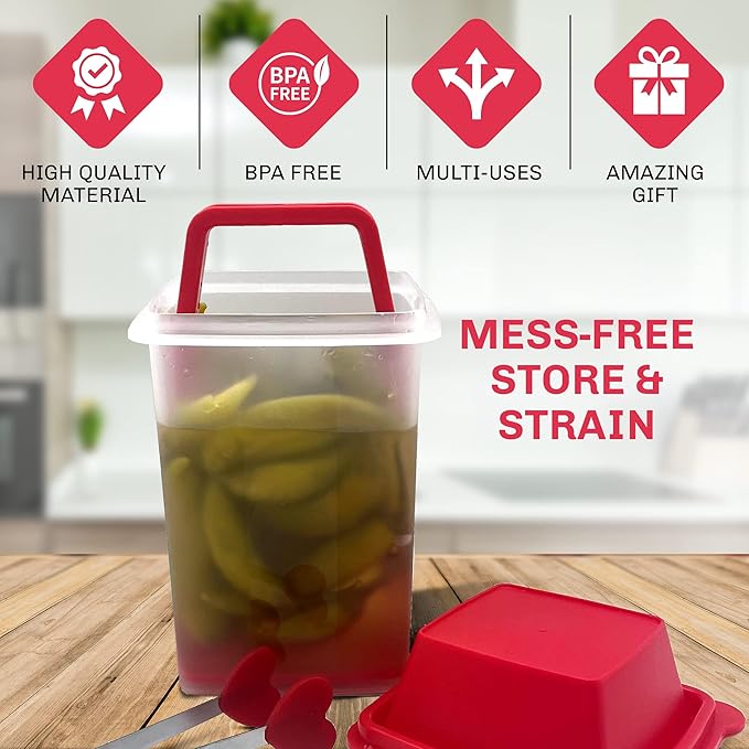 Mwnxia Pickle Container with Strainer | BPA Free Chilero Container Jalapenos Jalapeños | Pickle Jar with Lifter | Complete with Tong (Red) for Pickles, Cornichon, and Food Storage, Pickles Keeper
