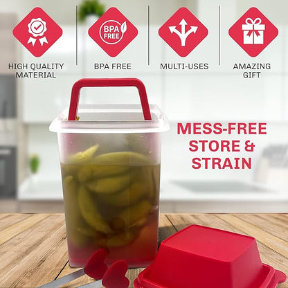 Mwnxia Pickle Container with Strainer | BPA Free Chilero Container Jalapenos Jalapeños | Pickle Jar with Lifter | Complete with Tong (Red) for Pickles, Cornichon, and Food Storage, Pickles Keeper