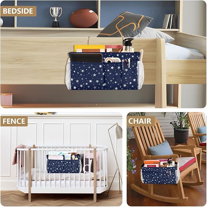 CuwrYet Bedside Caddy Hanging Bunk Bed Caddy Bed Organizer Hanging Pocket with 2 Hooks Bedside Storage Organizer Pocket Bag Holder Stars Dark Blue