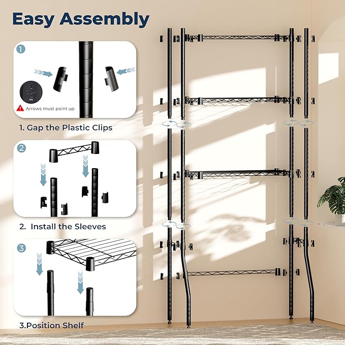 Laundry Room Storage Shelf & Organizer, 3 Tier Over Metal Washer and Dryer Shelves, Washing Machine Shelf, Adjustable Height & Feet, Bathroom Space Saver Shelf, 23.6" L x 13.8" W x 63.2" H, Black