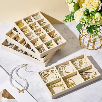 Junkin 12 Pcs Jewelry Tray Velvet Stackable Jewelry Organizer Trays Divided Earring Accessories Storage Containers Box (Rose Red)