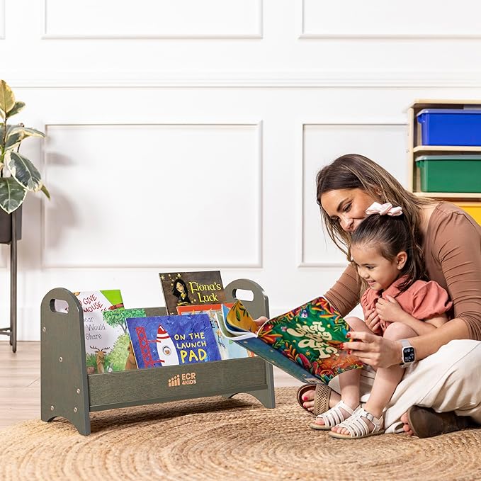 ECR4Kids 2-Shelf Tabletop Book Display with Handles, Beginner Bookshelf, Grey Wash