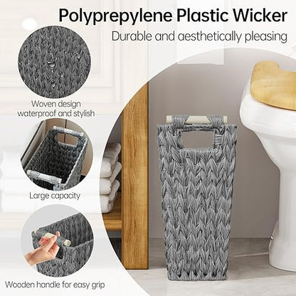 Endymion Grey Wicker Trash Can,5 Gallon Woven Waste Basket with Wood Handles,Slim Waterproof Wicker Trash Bin for Bathroom,Bedroom,Office