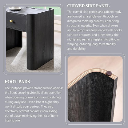 IFGET 23.6" Tall Modern Nightstand with Charging Station, 22" Wide Curved Bedside Table with 1 Storage Drawer, Wooden Night Stand, Large End Table for Bedroom, Living Room, Dark Grey