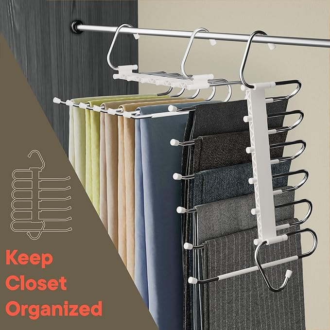 Campior Space Saving Pants Hangers 4 Pack, 6 Layer Jeans Hangers and Closet Organizer for Jeans, Scarves, & Skirts, Multi-Layer Hanger with Anti-Slip Stopper, Heavy-Duty S-Type Stainless Steel, White
