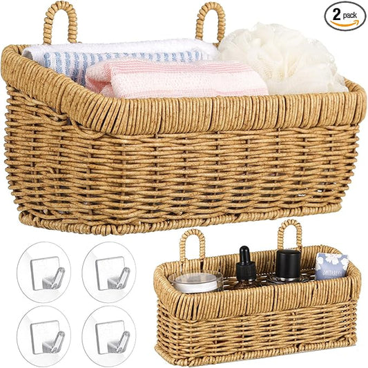 Tioncy 2 Pcs Woven Hanging Wall Baskets for Storage Boho Style Hanging Storage Plastic Woven Baskets with 4 Hooks for Kitchen Garden Living Room(Light Brown,Imitation Rattan Plastic)