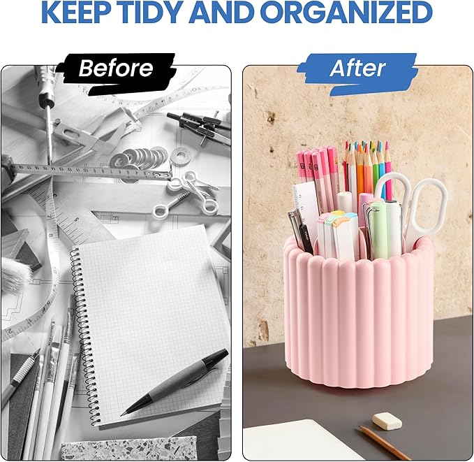 Desk Organizer, 360° Rotating Pen Holder for Desk, Pencil Cup with 7 Compartments Storage Box Caddy for Kids, Office, School, Home (Pink)