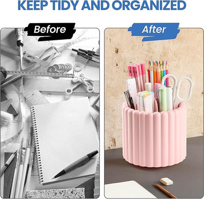 Desk Organizer, 360° Rotating Pen Holder for Desk, Pencil Cup with 7 Compartments Storage Box Caddy for Kids, Office, School, Home (White)