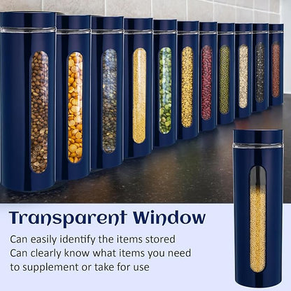 Mimorou 6 Pack Kitchen Canisters Set Airtight Coffee Sugar Tea Storage Jars with Window Glass Stainless Steel Containers with Lids for Flour Cookies Spices Grains Kitchen Decorations(Navy Blue,60 oz)