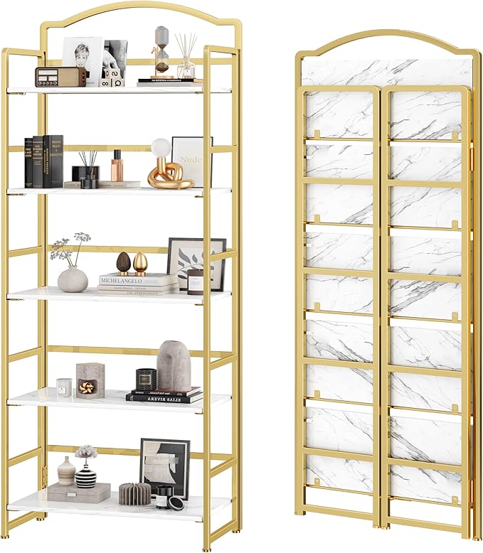 JSB No Assembly Folding Bookshelf, 5 Tier Book Shelf for Storage, Vintage Wood Foldable Bookcase for Living Room, Bedroom, Office Organization Shelves