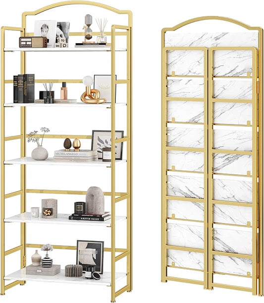 JSB No Assembly Folding Bookshelf, 5 Tier Book Shelf for Storage, Vintage Wood Foldable Bookcase for Living Room, Bedroom, Office Organization Shelves