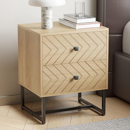 HOCAT Modern Nightstand with Two Storable Drawers,Sturdy Bedside Table Space-Saving Night Stand with Black Metal Legs for Bedroom,Oak