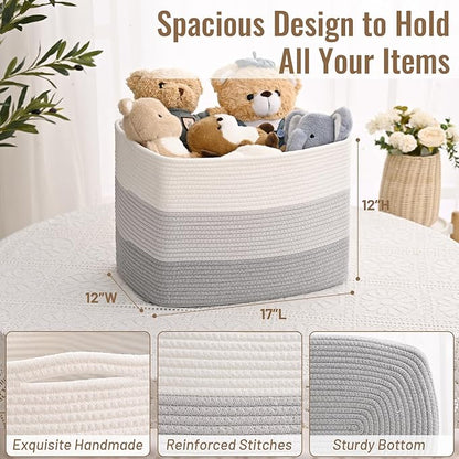 3 Pack Cube Storage Bin, 17”x12”x12” Cotton Rope Woven Baskets for Organizing Toys Clothes Towels, Square Gift Storage Baskets for Shelf, Nursery, Closet, Bathroom, Pantry (3-Tone Gray)