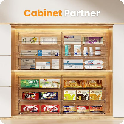 A-LuGei 【𝟰𝗣𝗖𝗦】 Acrylic Stackable Storage Drawers, 11.8" W Makeup Organizer, Bathroom Organizer and Storage, Plastic Storage Bins for Kitchen Cabinet Pantry Medicine Fridge