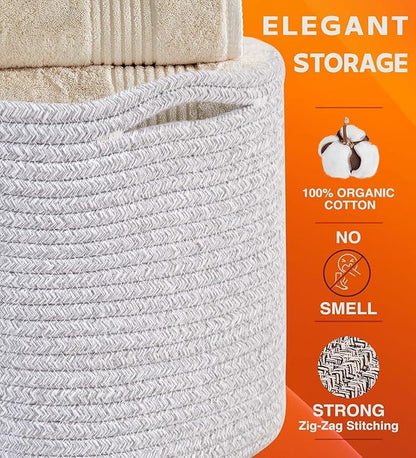 CHAT BLANC Cotton Rope Baskets for Organizing | Storage Baskets for Shelves | Rope Basket for Storage, Small Laundry Baskets, Woven Baskets for Storage, Dog Toy Bin, Baby Basket, Gray 3 Pack