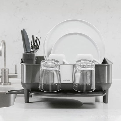 simplehuman Compact Dish Drying Rack with Stainless Steel Frame, 360º Easy Drain Swivel Spout, Utensil Holder, Anti-Residue Coating, Moisture Control Surface, Grey