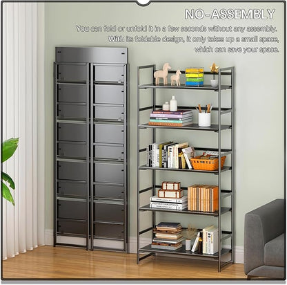 4NM No Assembly 5 Tiers Collapsible Book Shelves, 51.2" H Folding Bookshelf Bookcase Open Industrial Foldable Shelves for Bedroom, Living Room, Home Office - All Black