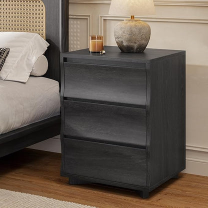 SUCSSRICH Black Nightstand, Night Stand with 3 Drawers, Modern Nightstand with Large Storage, Silent Slides, Wooden End Side Table, Bedside Table with 3 Drawers for Bedroom