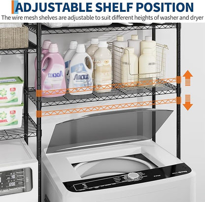 GarveeHome Over Washer and Dryer Storage Shelves, 4 Tiers Above Washer Dryer Storage Rack for Laundry Room Organization, Adjustable Height Clothes Drying Rack with Hanger Rod & Hook, Black