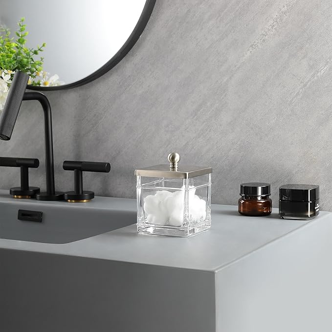 Indecor Home Apothecary Glass Cotton Jar Holder Brushed Nickel Stainless Steel Lid, Elegant Bathroom Storage Canister for Qtips, Cotton Balls, Floss, Makeup Organizer, Vanity Bathroom Organization