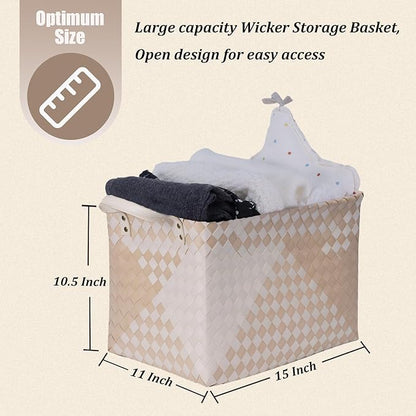 BROWNLILY Handwoven Clothes Basket Laundry Hampers Large Wicker Storage Baskets for Shelves Blankets Closet Storage Bins Car Bedroom Bathroom Organizers and Storage (Pack of 4, Khaki & Ivory White)