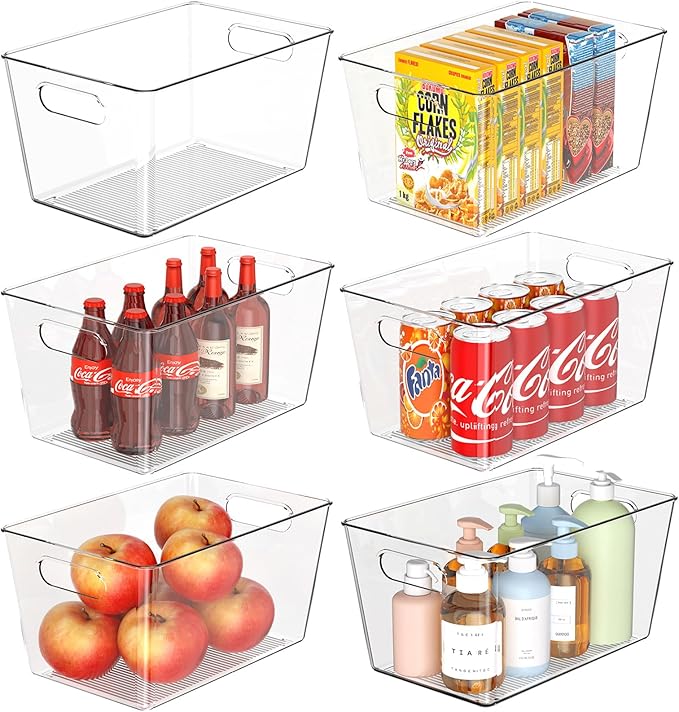 6 Pack Clear Plastic Storage Bins, Pantry Organization and Storage Bins for Kitchen-Fridge Organizer, Pantry Storage Containers, Cabinet Organizers