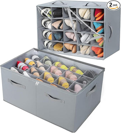 Shoe Organizer for Closet 2 Pack, Foldable Shoe Box with Adjustable Dividers and Clear Cover, Space Saving Shoe Storage Organizer Cabinet with Reinforced Handles, Fits 40 Pairs, Gray, TP11G