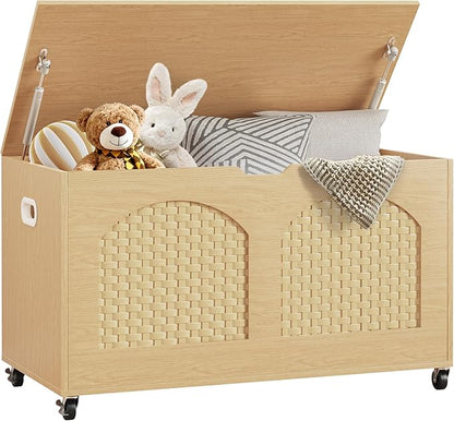 Storage Chest, Rattan-Style Toy Storage Bench with Lid and Wheels, Square Storage Trunk for Entryway, Bedroom, Living Room(Wood)