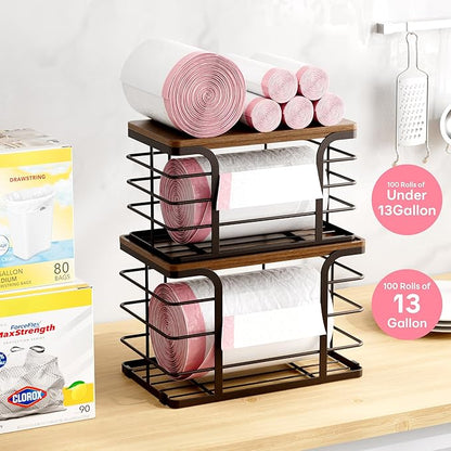2 Pack Storage Stackable Kitchen Laundry Pantry Organizers,Wall Mount Trash Bag Holder Dispenser with Bamboo Top Countertop Organizer,Brown
