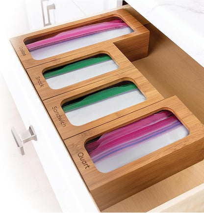Seville Classics Bamboo Premium Organizer Storage Bins for Kitchen Silverware, Pantry, Closet, Office Desk, Pens, Utensils, Makeup, K Cup, Bamboo, Bag Holder Bin Set (4 Piece)